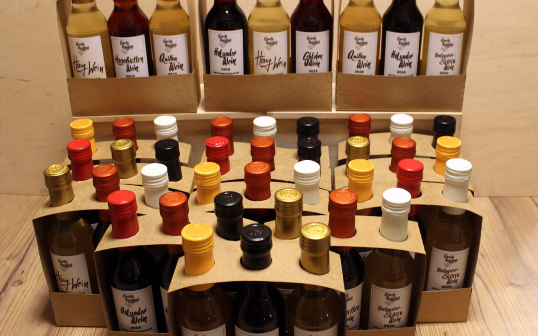 Unsere Fruchtweinserie mit den Sorten Klassischer Honigwein "MET", Holunderwein, Schlehenwein, Quittenwein und Hagebuttenwein