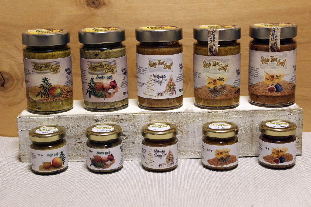 Honig trifft Senf Serie Komplett in 200 g oder 50 g Gläseren, Honig-Whiskey, Honig-Feige, Kräuter-Hanf-Honig, Mango-Hanf-Honig, Weihnachtssenf